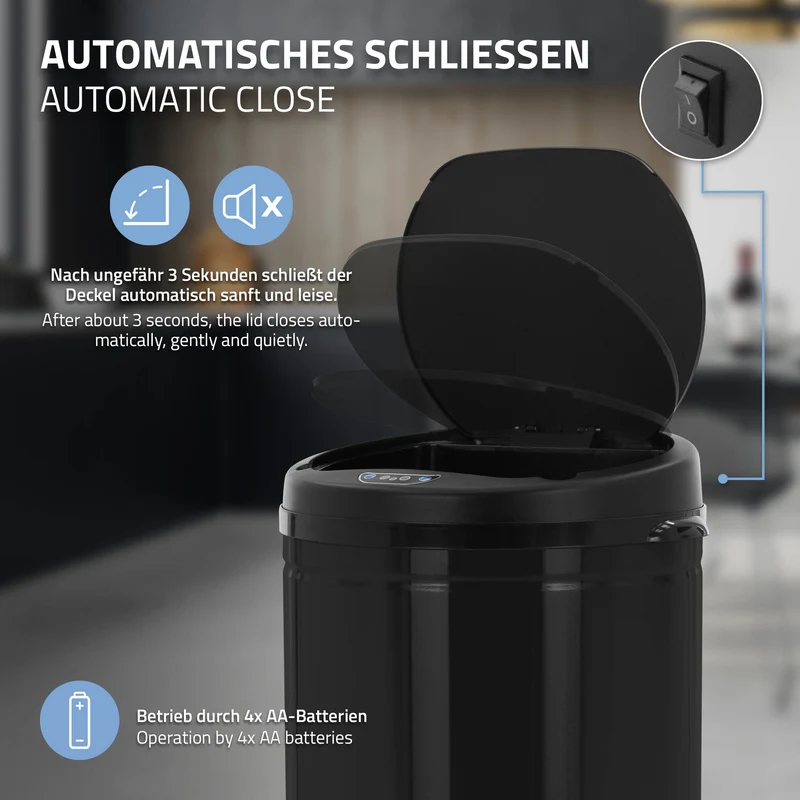 Mülleimer mit Sensor 50L Schwarz aus Edelstahl gebürstet ML-Design