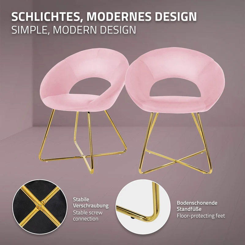 6er Set Esszimmerstuhl mit runder offener Rückenlehne Rosa aus Samt mit goldenen Metallbeinen ML-Design