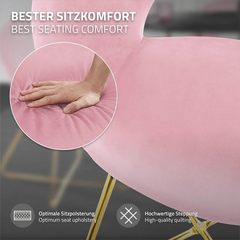 6er Set Esszimmerstuhl mit runder offener Rückenlehne Rosa aus Samt mit goldenen Metallbeinen ML-Design