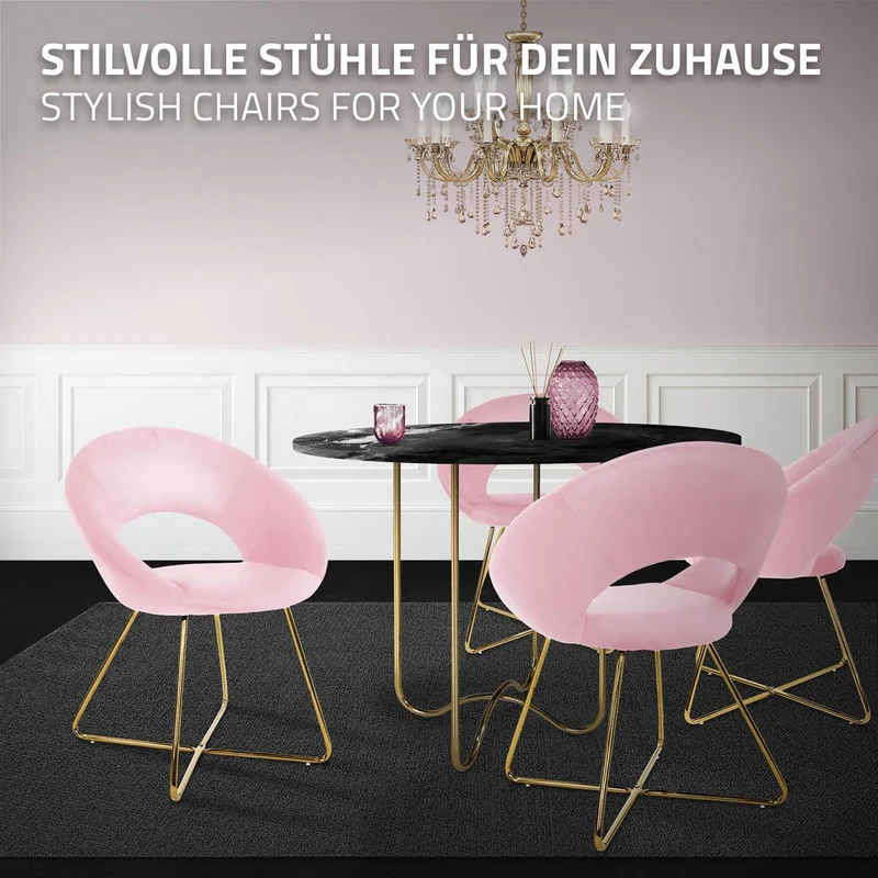 4er Set Esszimmerstuhl mit runder offener Rückenlehne Rosa aus Samt mit goldenen Metallbeinen ML-Design