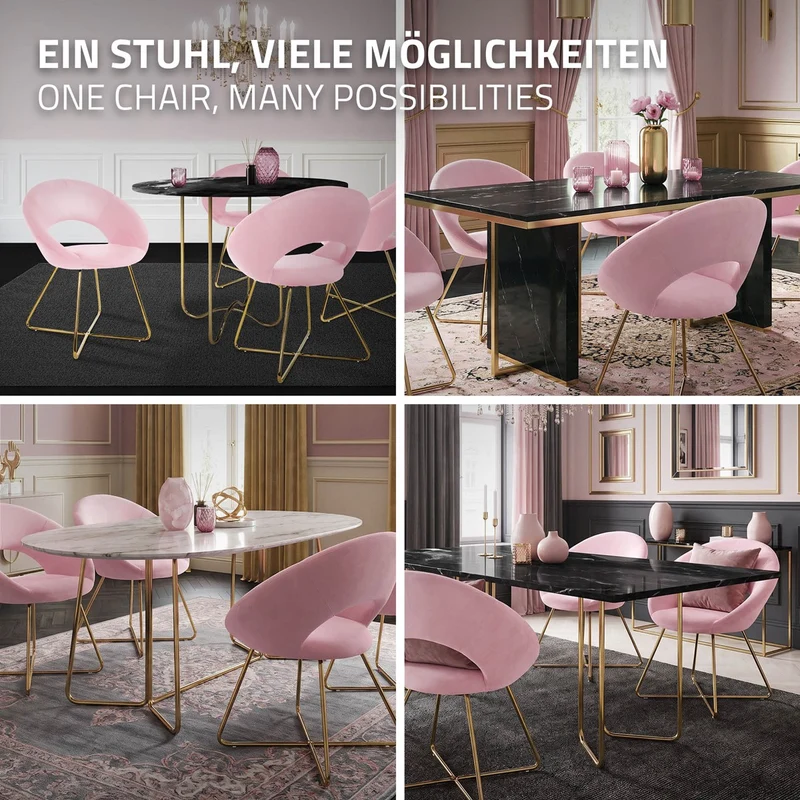 4er Set Esszimmerstuhl mit runder offener Rückenlehne Rosa aus Samt mit goldenen Metallbeinen ML-Design