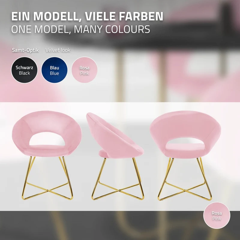 4er Set Esszimmerstuhl mit runder offener Rückenlehne Rosa aus Samt mit goldenen Metallbeinen ML-Design