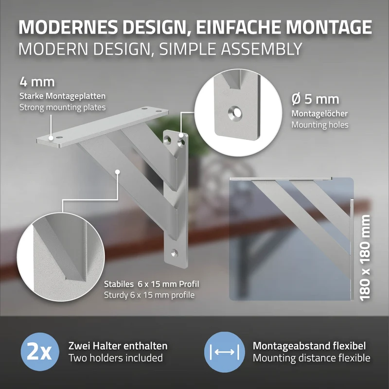 2er Set Wandkonsole Regalhalterung 2x 180 x 180 mm Silber aus Aluminium ML-Design