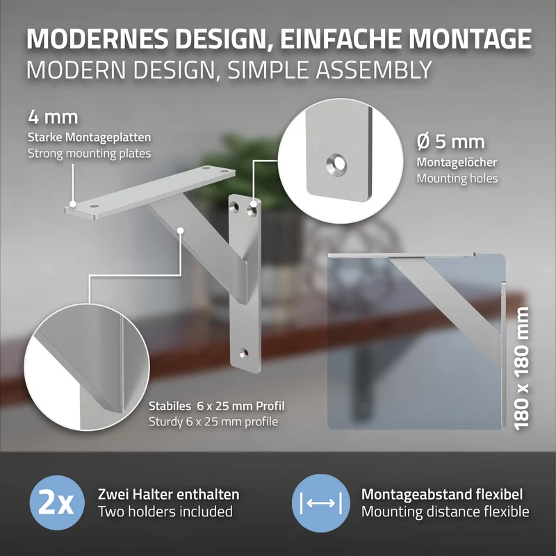 2er Set Wandkonsole Regalhalterung 2x 180 x 180 mm Silber aus Aluminium ML-Design