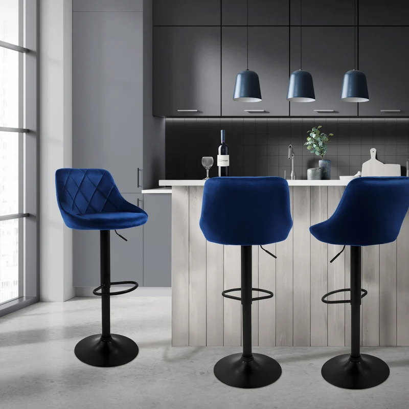 4er Set Barhocker Blau Samtbezug mit Rückenlehne und Fußstütze höhenverstellbar 62-82cm ML-Design