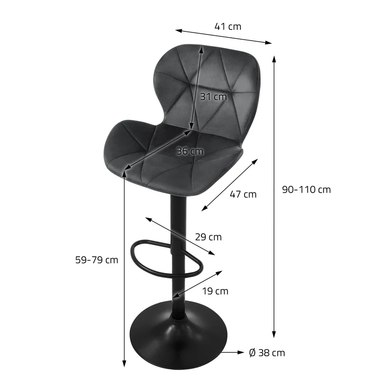 4er Set Barhocker Grau Samtbezug mit Rückenlehne und Fußstütze höhenverstellbar 59-79cm ML-Design