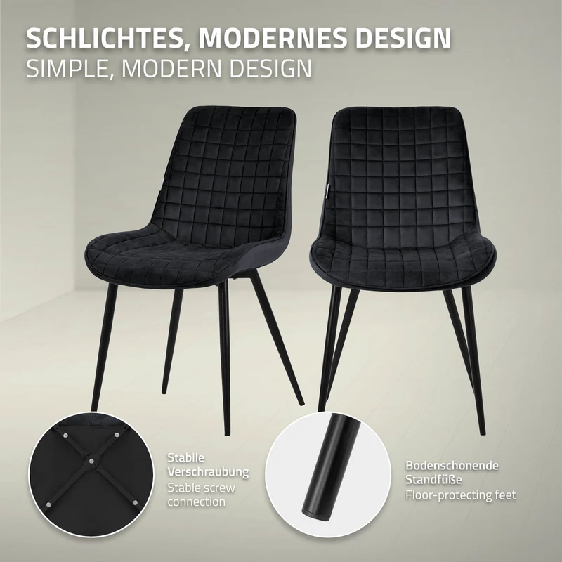 B-Ware Esszimmerstuhl 2er Set Schwarz mit Samtbezug und Stahlbeinen Küchenstuhl mit Rückenlehne ML-Design