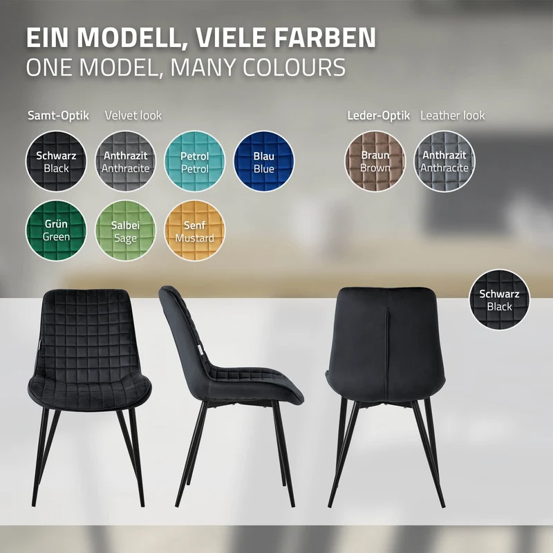 B-Ware Esszimmerstuhl 2er Set Schwarz mit Samtbezug und Stahlbeinen Küchenstuhl mit Rückenlehne ML-Design