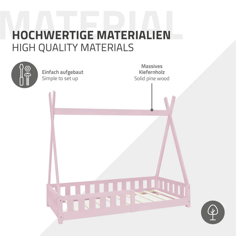 B-Ware Kinderbett Tipi 80x160 cm Rosa aus Kiefernholz mit Rausfallschutz und Lattenrost Holzbett ML-Design