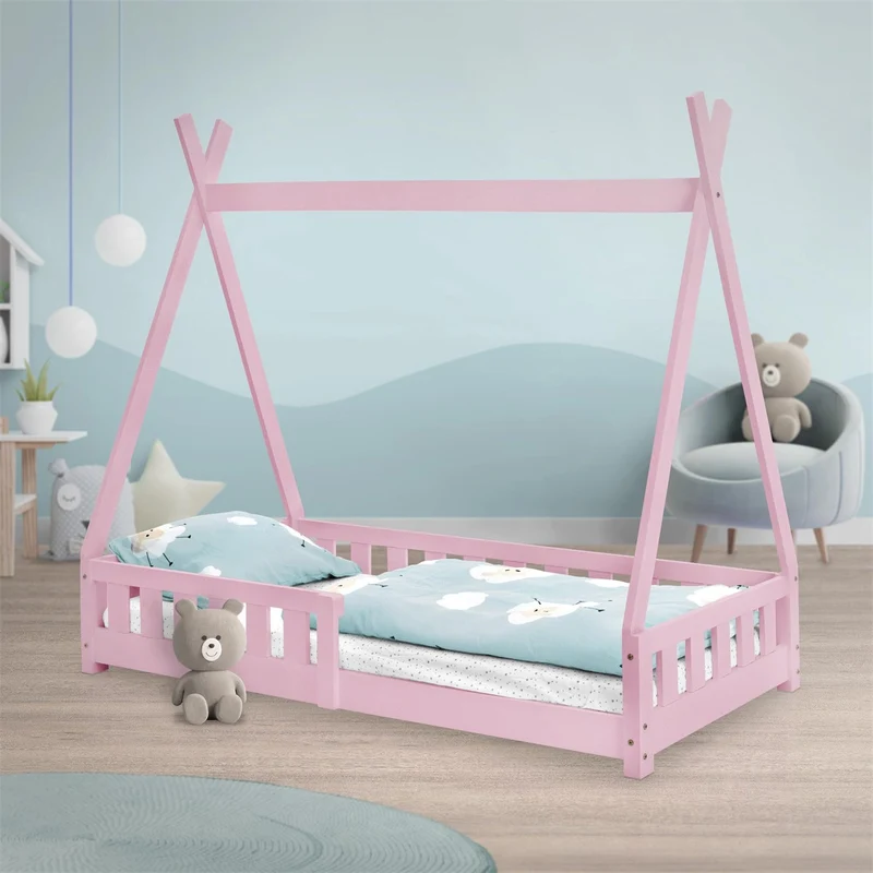 B-Ware Kinderbett Tipi 80x160 cm Rosa aus Kiefernholz mit Rausfallschutz und Lattenrost Holzbett ML-Design