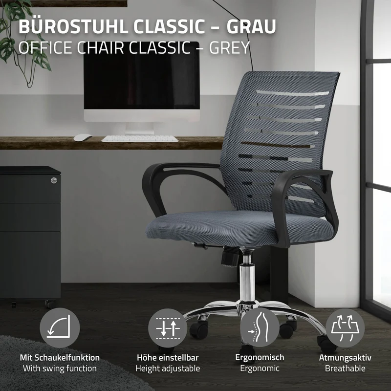 B-Ware Ergonomischer Bürostuhl mit Armlehnen Netzgewebe Grau mit Rollen ML-Design