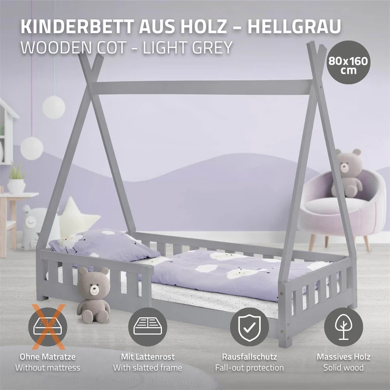 B-Ware Kinderbett Tipi 80x160 cm Hellgrau aus Kiefernholz mit Rausfallschutz und Lattenrost Holzbett ML-Design