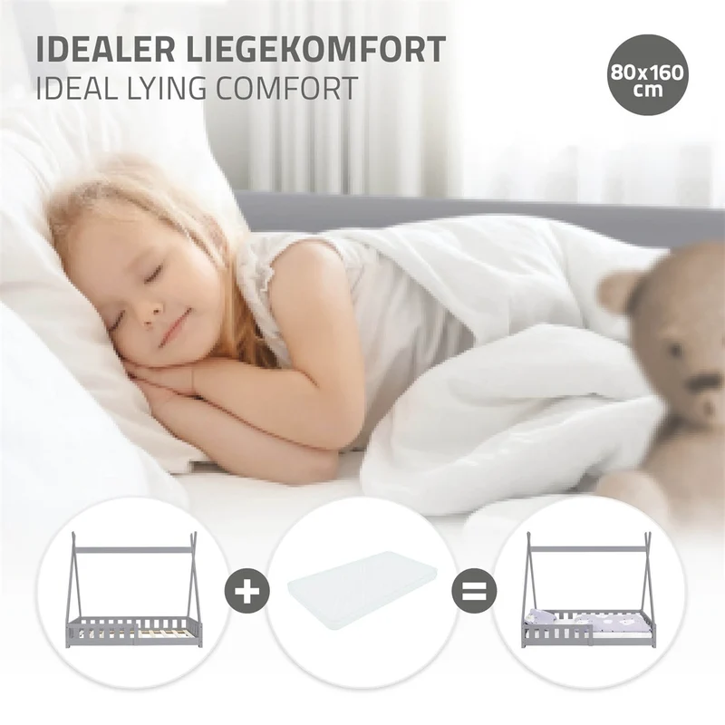 B-Ware Kinderbett Tipi 80x160 cm Hellgrau aus Kiefernholz mit Rausfallschutz und Lattenrost Holzbett ML-Design