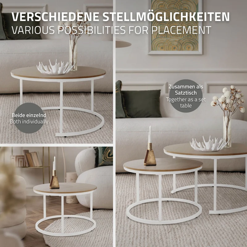 B-Ware Couchtisch 2er Set Weiß Holzdekor mit Metallgestell ML-Design