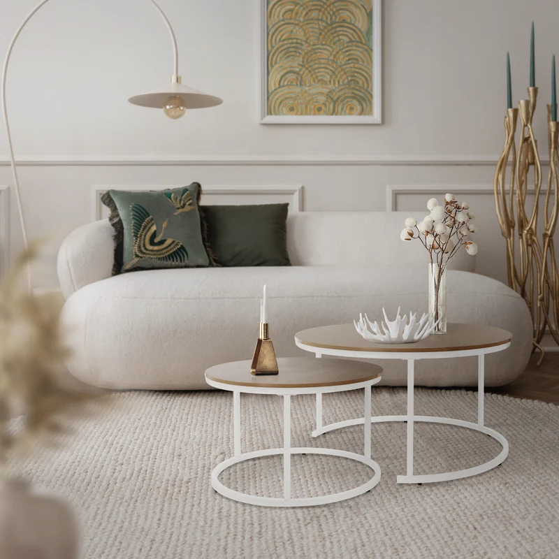 B-Ware Couchtisch 2er Set Weiß Holzdekor mit Metallgestell ML-Design