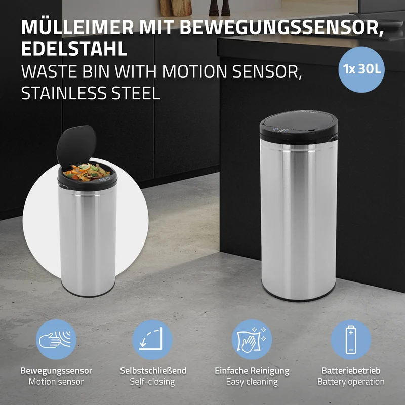 Mülleimer mit Sensor 30L Silber aus Edelstahl gebürstet ML-Design