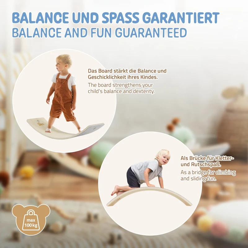 Balance Board für Kinder 83x30 cm Grau/Natur aus Lindensperrholz bis 100kg + Baumwollseil Joyz