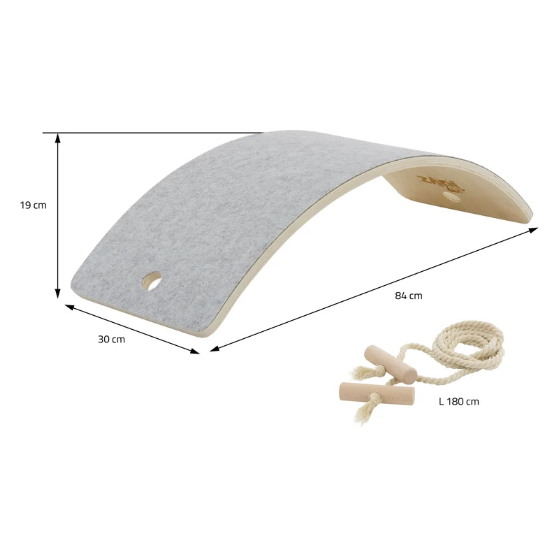 Balance Board für Kinder 83x30 cm Grau/Natur aus Lindensperrholz bis 100kg + Baumwollseil Joyz