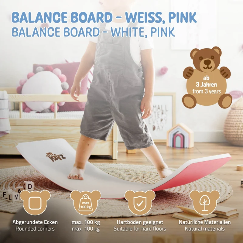 Balance Board für Kinder 83x30 cm Pink/Weiß aus Lindensperrholz bis 100kg Joyz