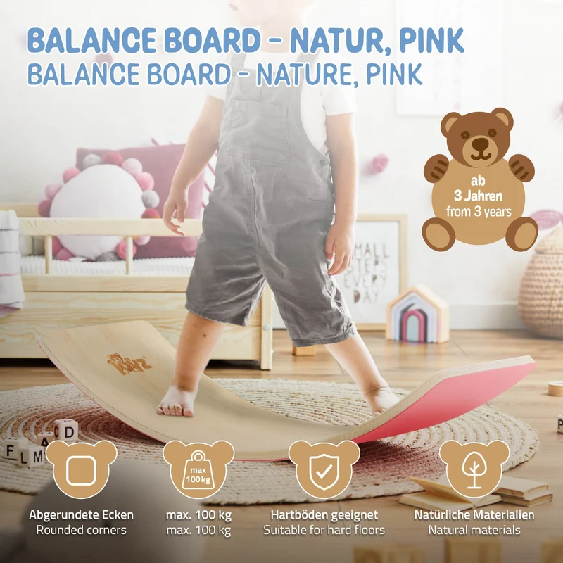 Balance Board für Kinder 83x30 cm Pink/Natur aus Holz bis 100kg Joyz