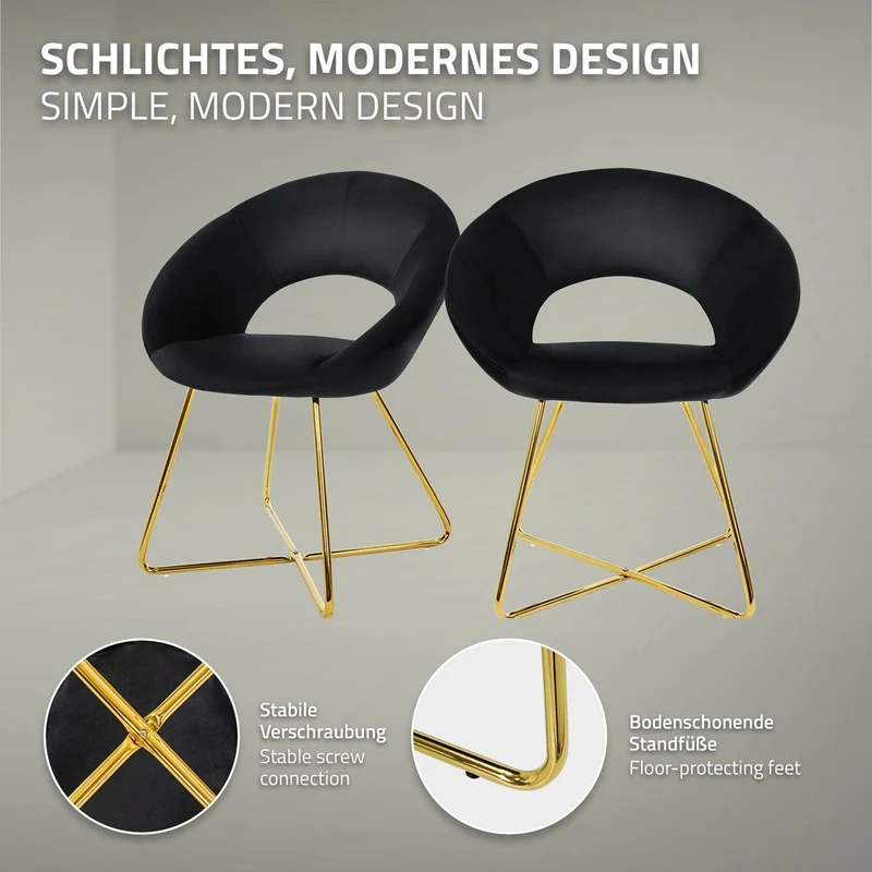 4er Set Esszimmerstuhl mit runder offener Rückenlehne Schwarz aus Samt mit goldenen Metallbeinen ML-Design