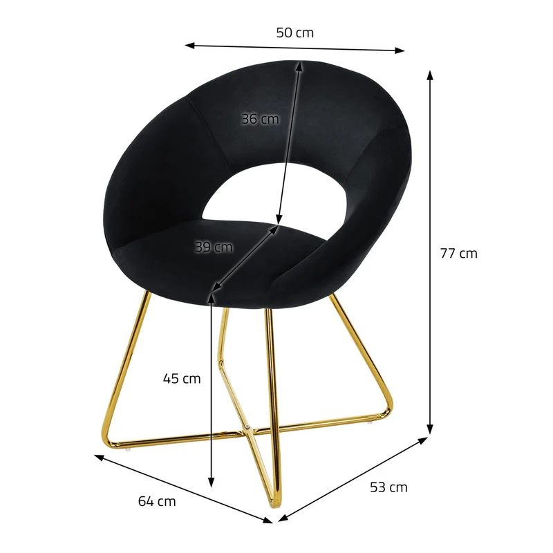 4er Set Esszimmerstuhl mit runder offener Rückenlehne Schwarz aus Samt mit goldenen Metallbeinen ML-Design