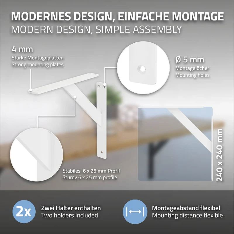 2x Wandkonsole Regalhalterung 2er Set 240 x 240 mm Weiß aus Aluminium ML-Design