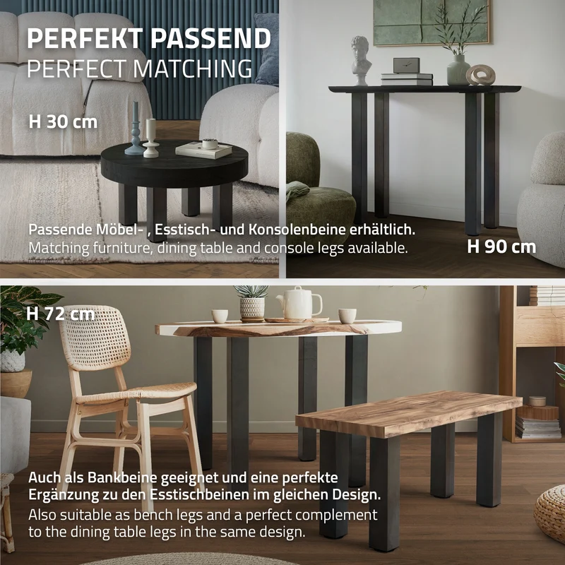 4er Set Tischbeine I-Design 42cm Industrial Tischgestell aus pulverbeschichteter Stahl, Profil 8x8cm, höhenverstellbare Möbelfüße ML-Design