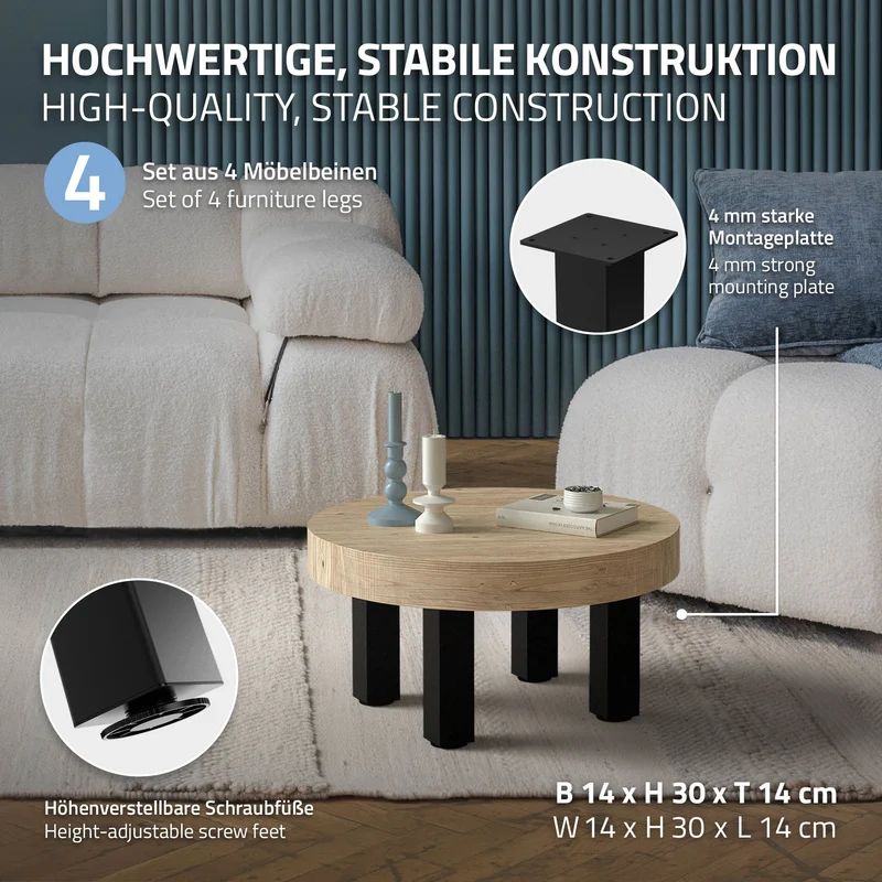 4er Set Tischbeine I-Design 30 cm Schwarz Tischgestell aus pulverbeschichteter Stahl, Profil 8x8 cm, höhenverstellbare Möbelfüße ML-Design
