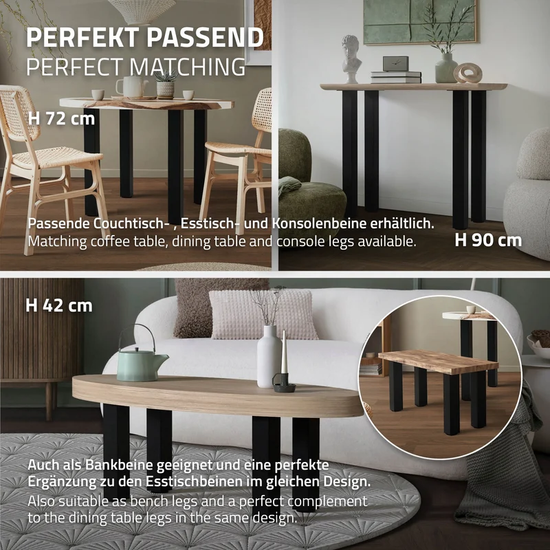 4er Set Tischbeine I-Design 30 cm Schwarz Tischgestell aus pulverbeschichteter Stahl, Profil 8x8 cm, höhenverstellbare Möbelfüße ML-Design