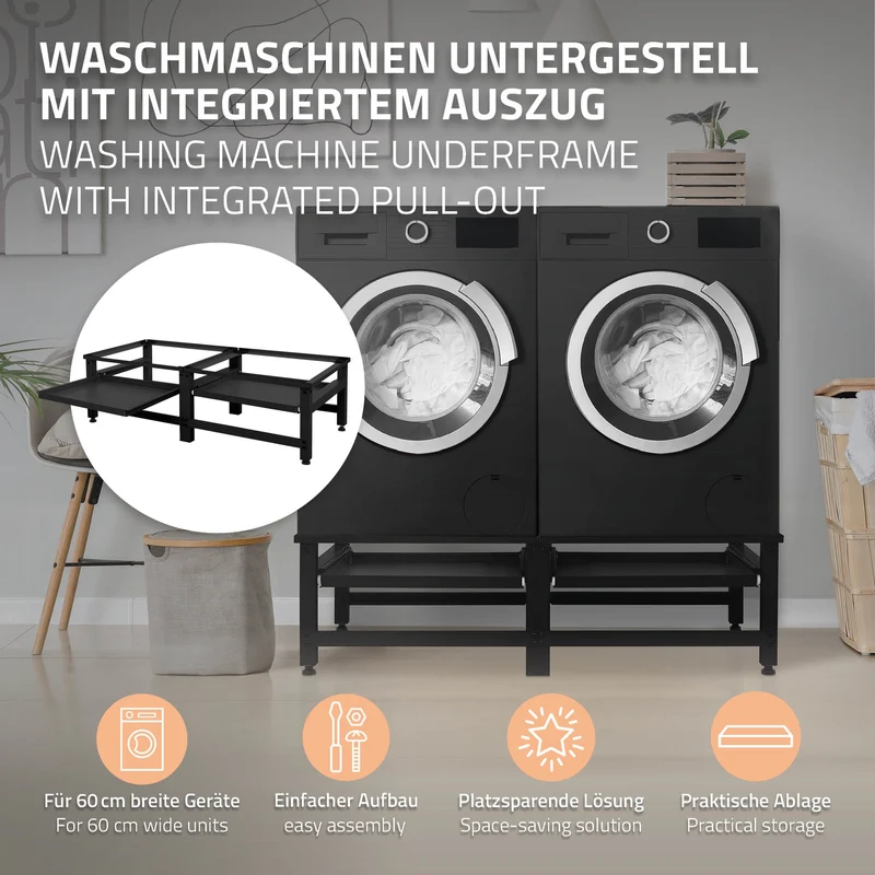 Waschmaschinen Untergestell Unterschrank doppel 127x54,5x37 cm mit ausziehbarer Ablage in Schwarz ML-Design