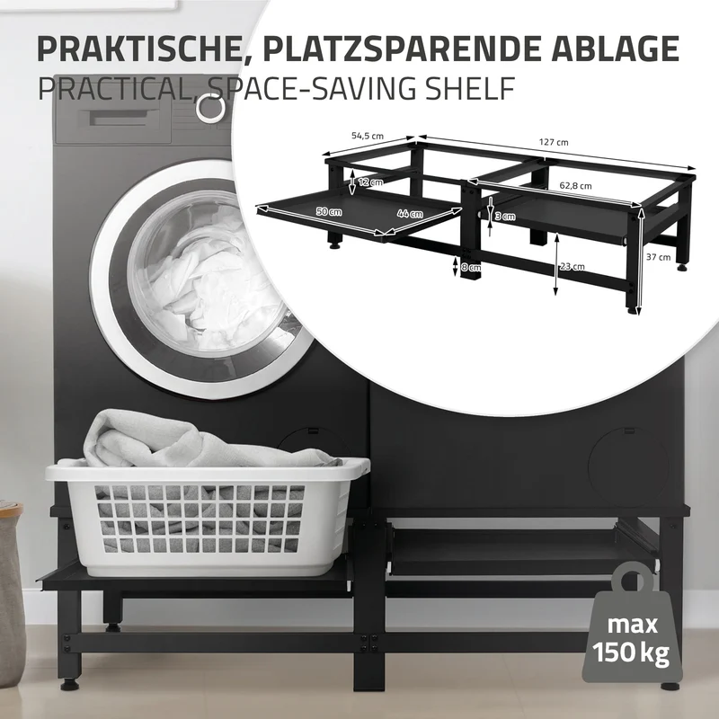 Waschmaschinen Untergestell Unterschrank doppel 127x54,5x37 cm mit ausziehbarer Ablage in Schwarz ML-Design