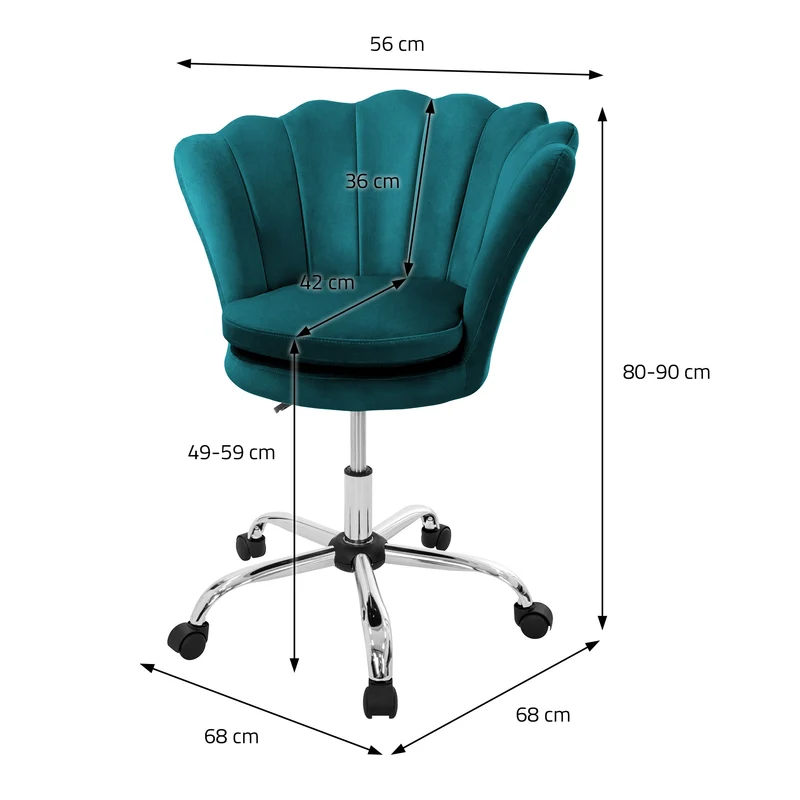 Bürostuhl mit Rollen und Rückenlehne Muscheldesign 68x68 cm Petrol aus Samt Schminktisch Stuhl ML-Design