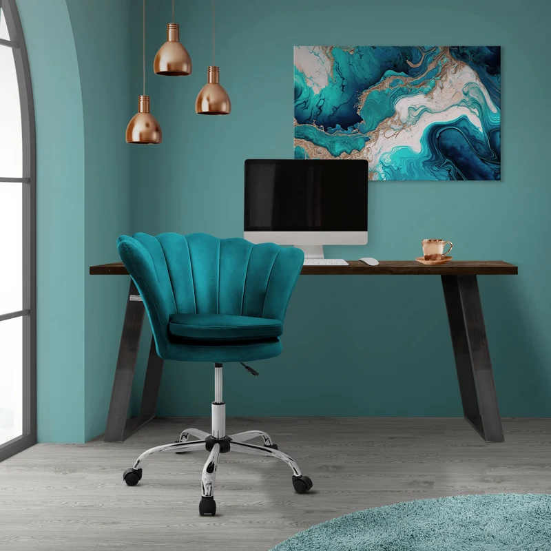 Bürostuhl mit Rollen und Rückenlehne Muscheldesign 68x68 cm Petrol aus Samt Schminktisch Stuhl ML-Design