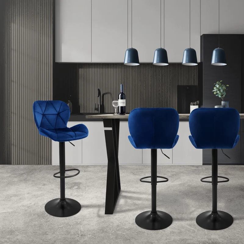 4er Set Barhocker Blau Samtbezug mit Rückenlehne und Fußstütze höhenverstellbar 59-79cm ML-Design