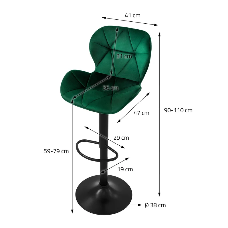 4er Set Barhocker Grün Samtbezug mit Rückenlehne und Fußstütze höhenverstellbar 59-79cm ML-Design