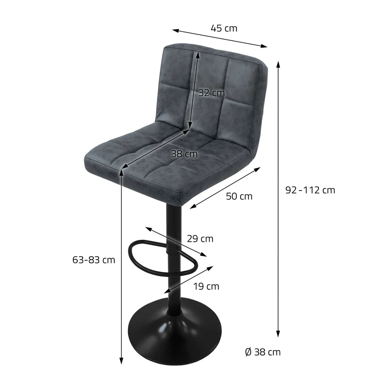 4er Set Barhocker Anthrazit Kunstlederbezug mit Rückenlehne und Fußstütze höhenverstellbar 63-83cm ML-Design