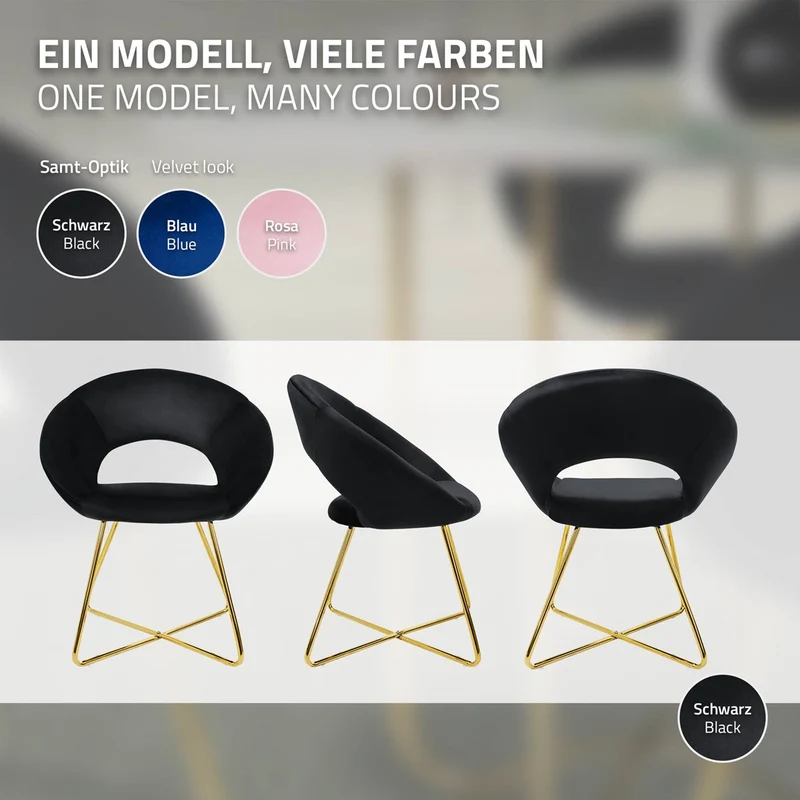 2er Set Esszimmerstuhl mit runder offener Rückenlehne Schwarz aus Samt mit goldenen Metallbeinen ML-Design
