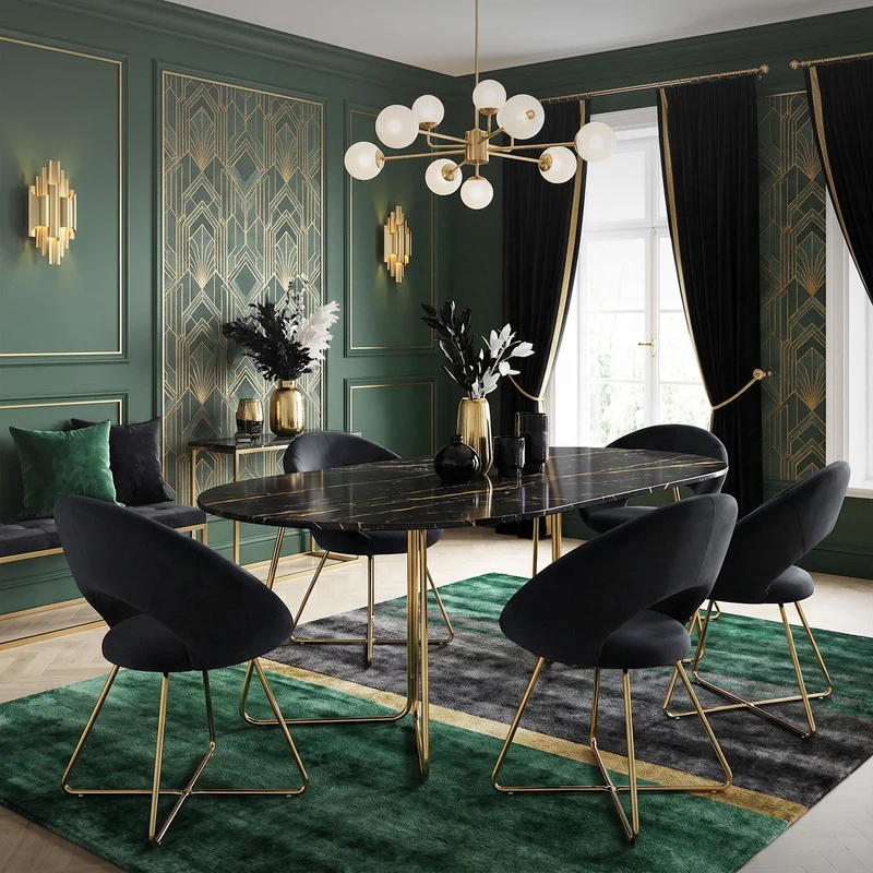 2er Set Esszimmerstuhl mit runder offener Rückenlehne Schwarz aus Samt mit goldenen Metallbeinen ML-Design