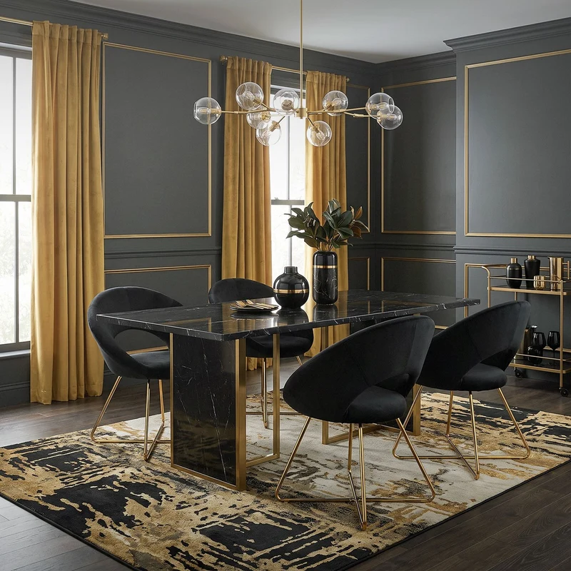2er Set Esszimmerstuhl mit runder offener Rückenlehne Schwarz aus Samt mit goldenen Metallbeinen ML-Design