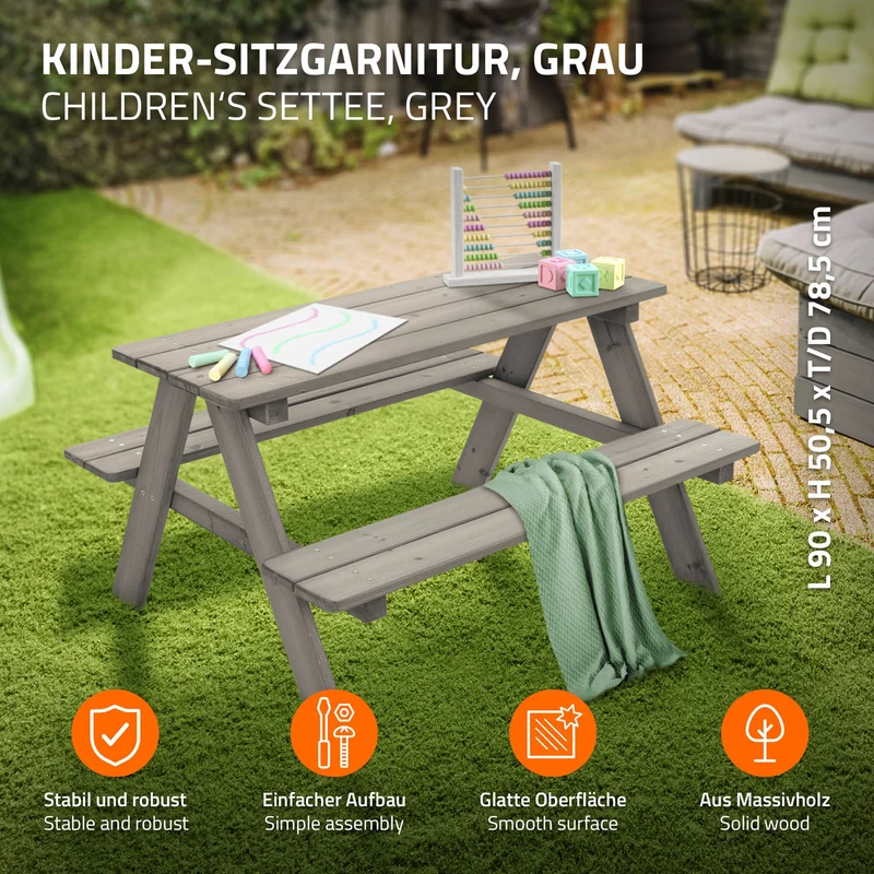 Kindersitzgarnitur Picknicktisch für 4 Kinder Grau aus Massivholz ab 2 Jahren Spielsitzgruppe draußen ML-Design