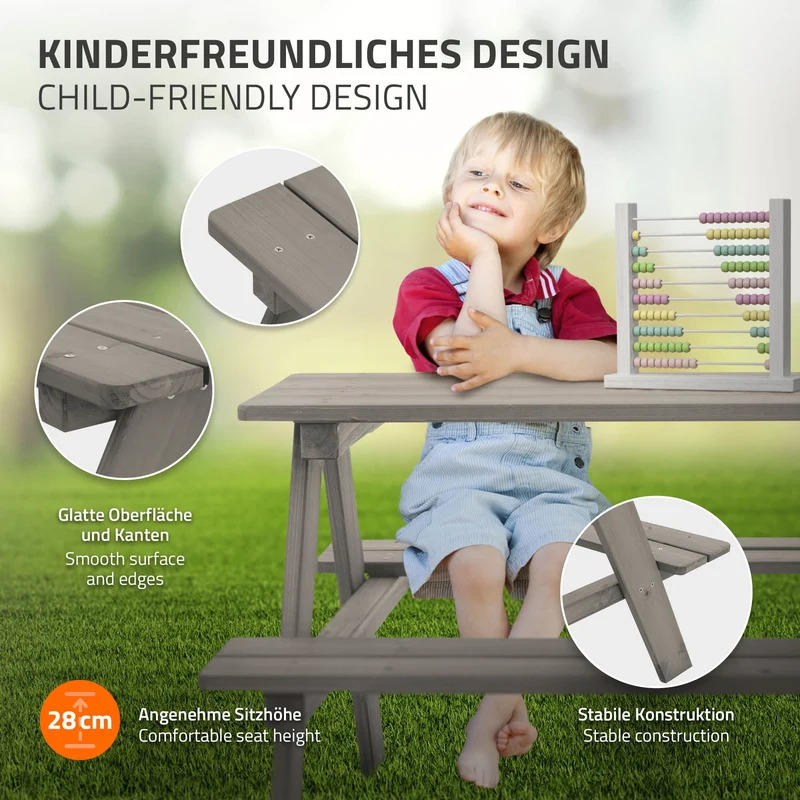 Kindersitzgarnitur Picknicktisch für 4 Kinder Grau aus Massivholz ab 2 Jahren Spielsitzgruppe draußen ML-Design
