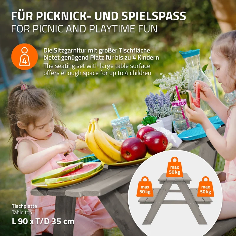 Kindersitzgarnitur Picknicktisch für 4 Kinder Grau aus Massivholz ab 2 Jahren Spielsitzgruppe draußen ML-Design
