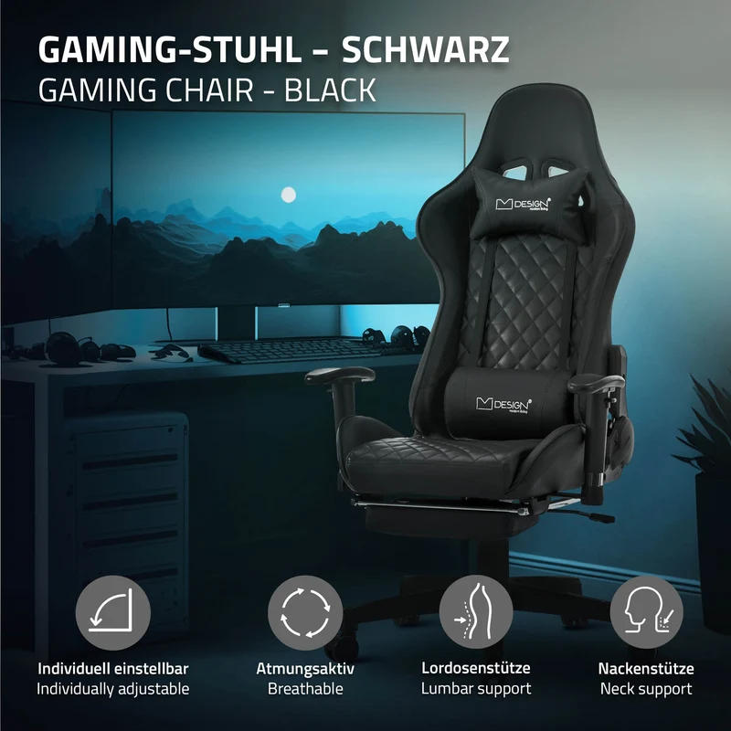 B-Ware Gamingstuhl mit ausziehbarer Fußstütze 2D Armlehne Schwarz aus Kunstleder ML-Design