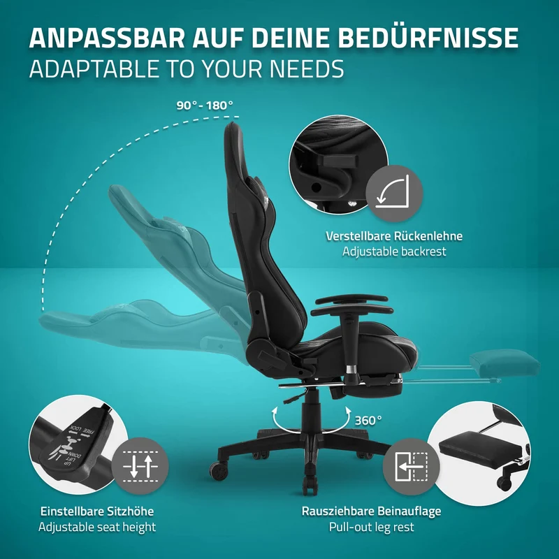 B-Ware Gamingstuhl mit ausziehbarer Fußstütze 2D Armlehne Schwarz aus Kunstleder ML-Design