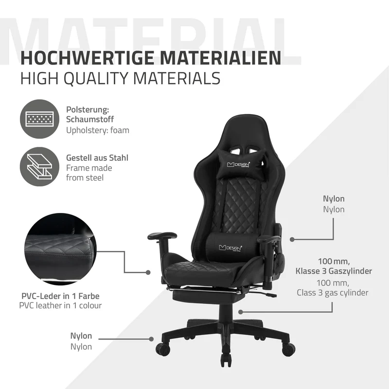 B-Ware Gamingstuhl mit ausziehbarer Fußstütze 2D Armlehne Schwarz aus Kunstleder ML-Design
