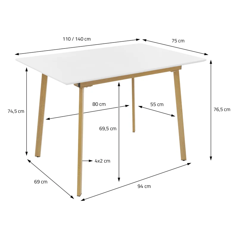 Esstisch ausziehbar in Weiß 110-140x75 cm aus Holz Esszimmertisch für 4-6 Personen ML-Design