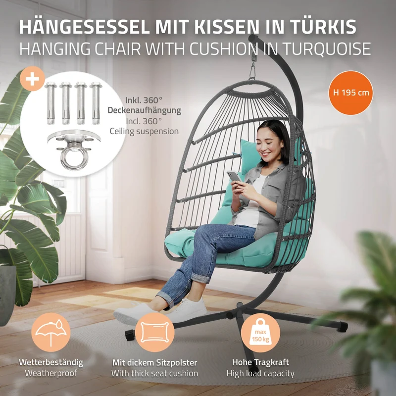 Hängesessel mit Gestell und Kissen Türkisgrün aus Stahl inkl. Abdeckung ML-Design