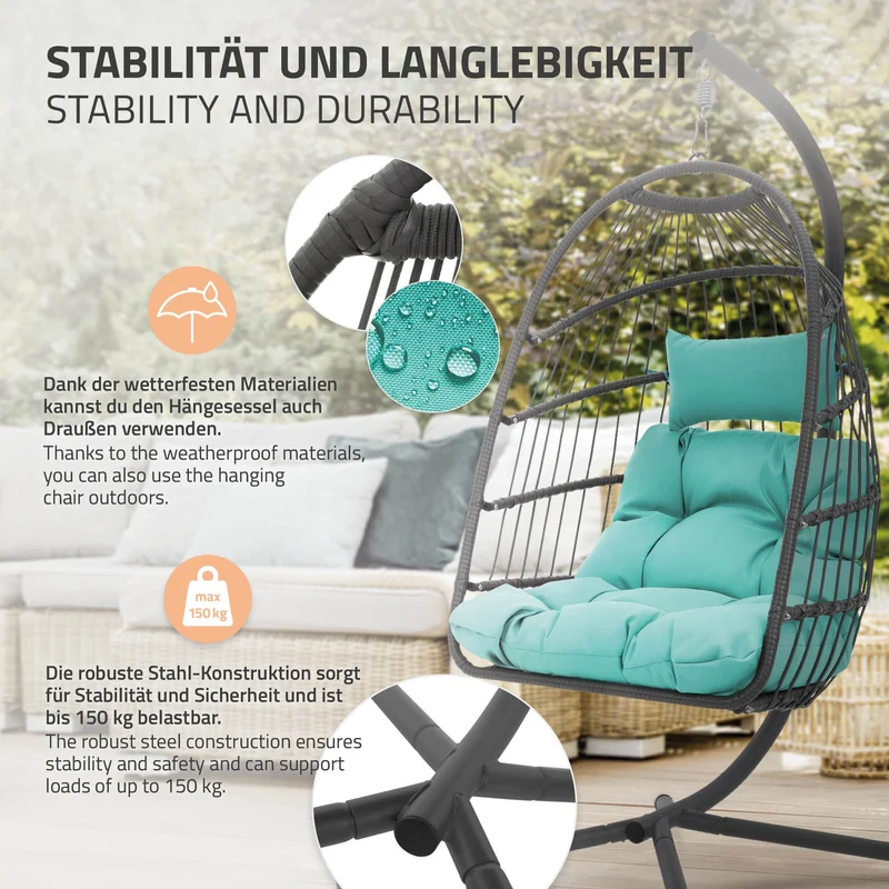 Hängesessel mit Gestell und Kissen Türkisgrün aus Stahl inkl. Abdeckung ML-Design