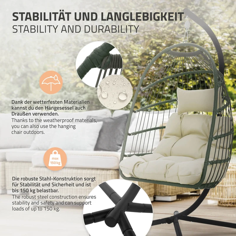 Hängesessel mit Gestell und Kissen Khaki aus Stahl inkl. Abdeckung ML-Design